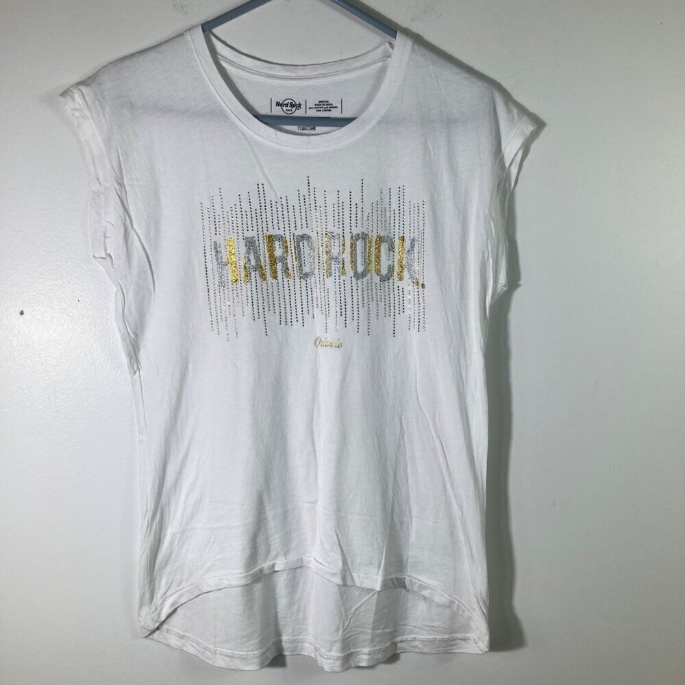 Womens Hard Rock Orlando Sleeveless Tee Shirt White Gold Silver Crystal M‎